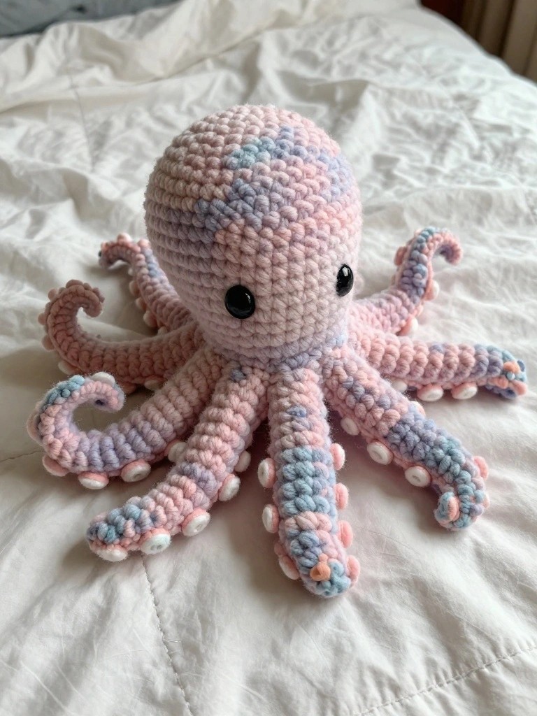 Crocheted pastel pink octopus plush toy with striped tentacles on white bedding.
