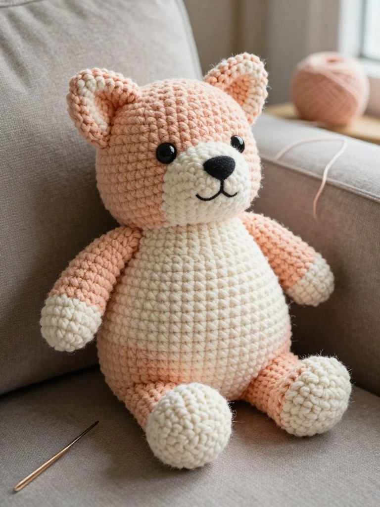 Crocheted peach and cream teddy bear with black eyes on gray couch.