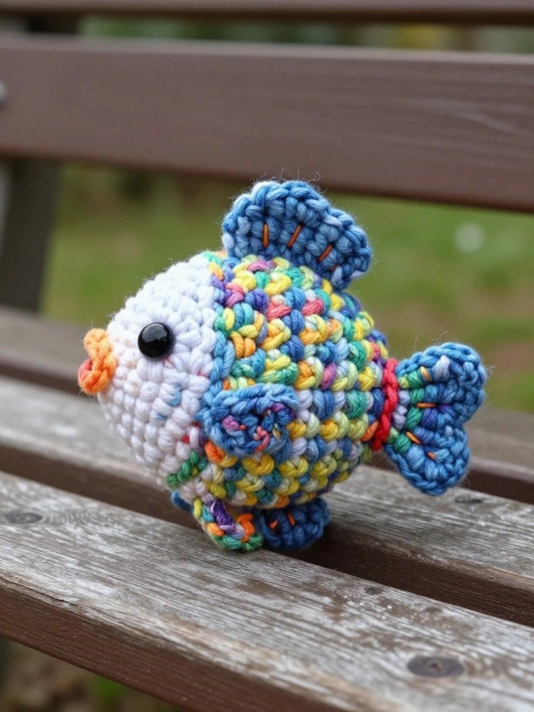 Colorful crocheted fish toy with orange beak on wooden bench.