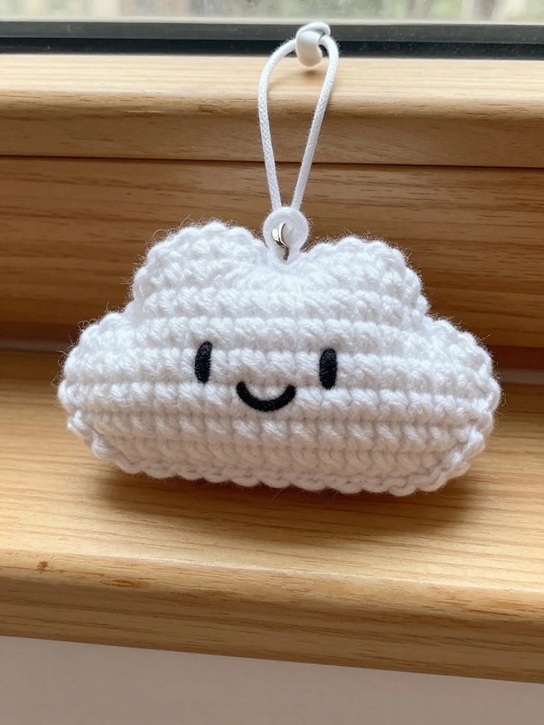 Crocheted white cloud ornament with smiling face on wooden windowsill.
