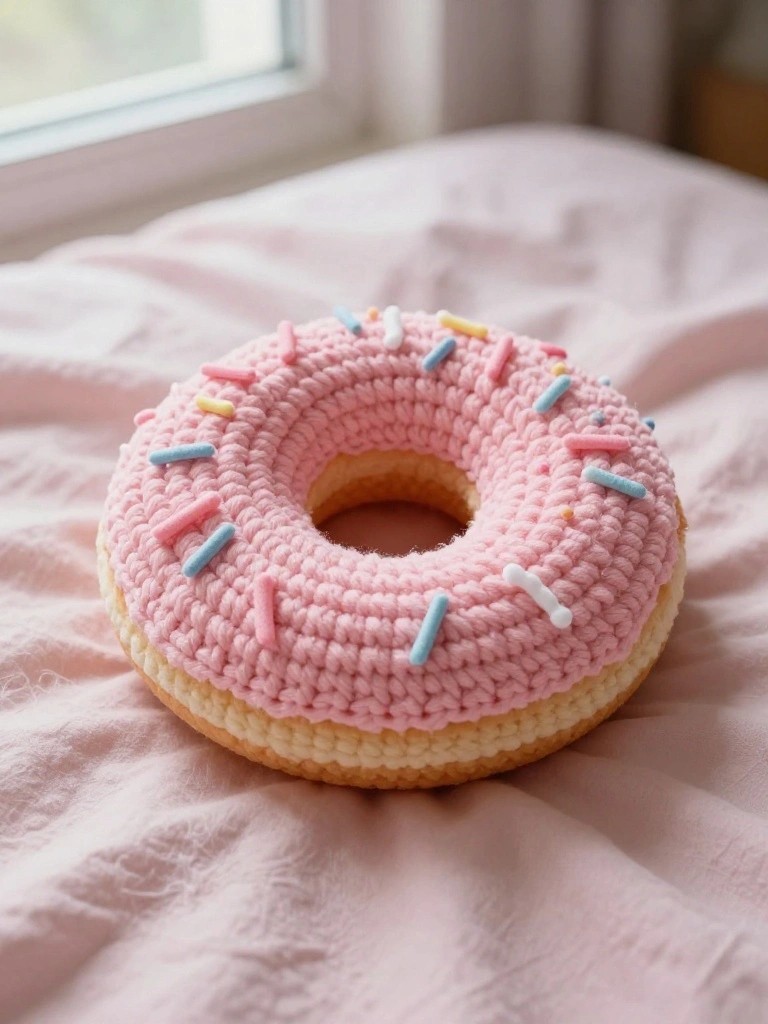 Crocheted pink donut pillow with colorful sprinkles on soft pink bedding.