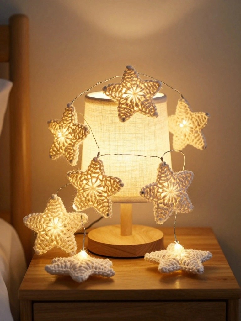 Crocheted white star shapes with glowing lights inside arranged around a bedside lamp.