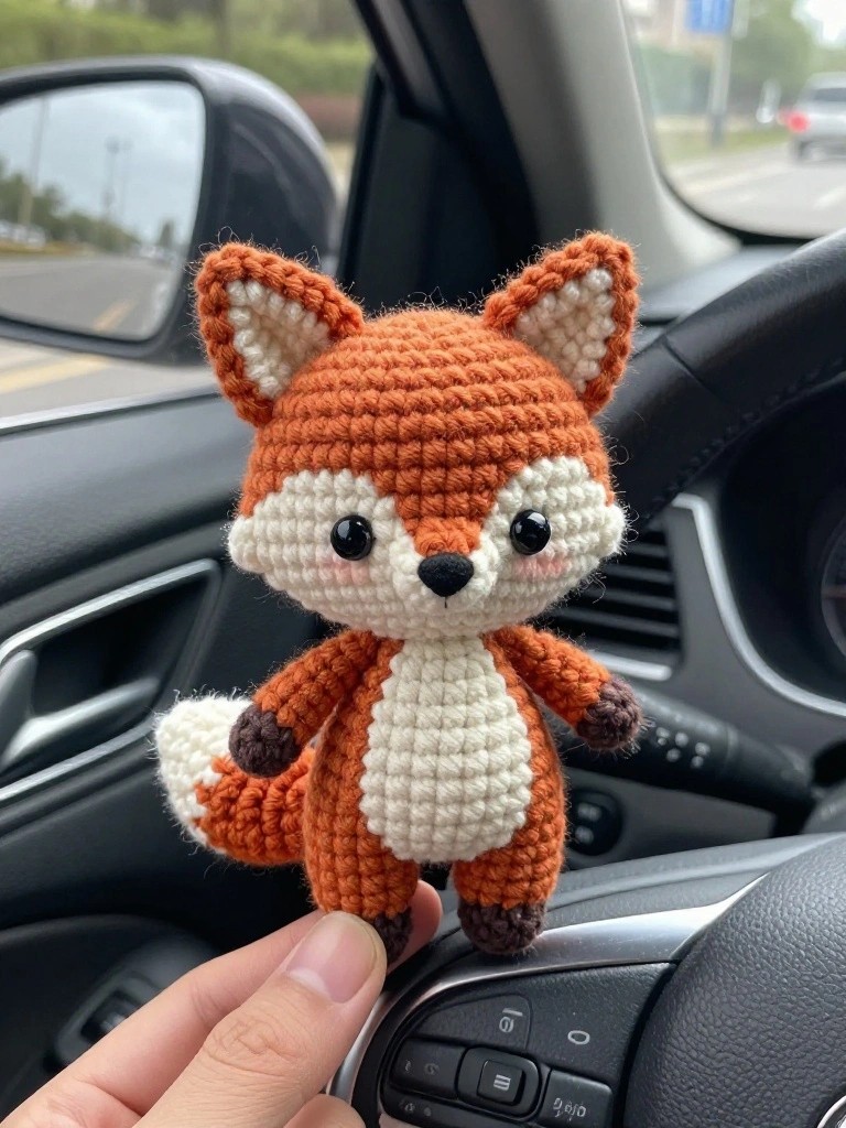 Crocheted orange fox toy held inside a car dashboard.
