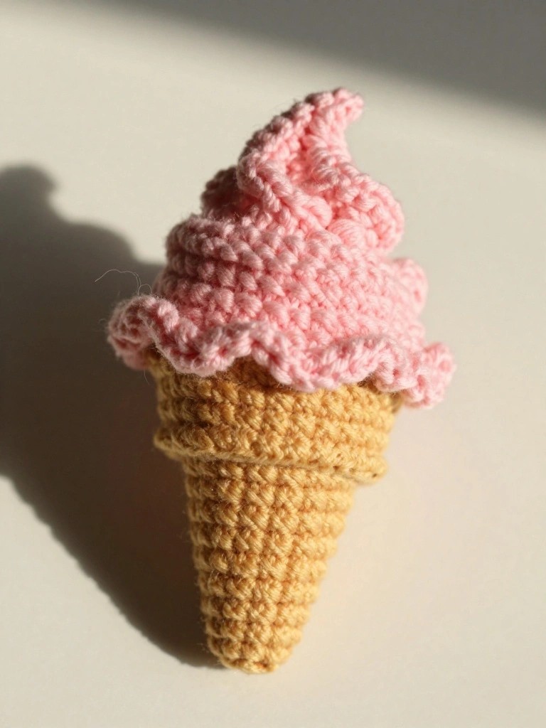 Pink crocheted ice cream cone with swirled soft-serve top.