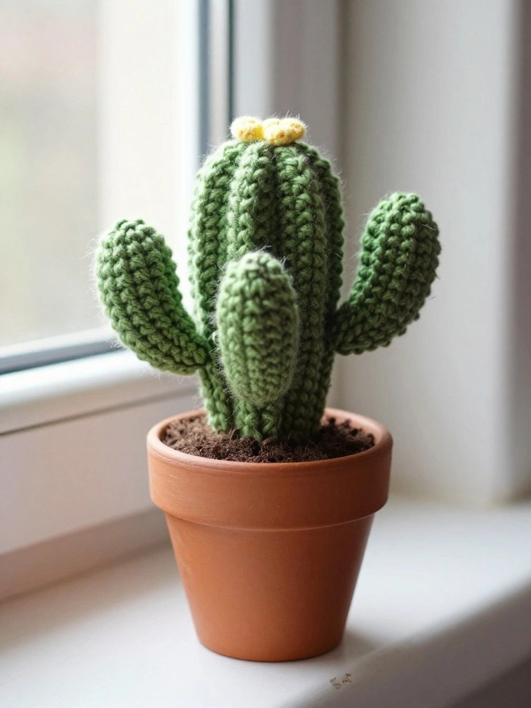 Crocheted green cactus with yellow flowers in terracotta pot on windowsill.