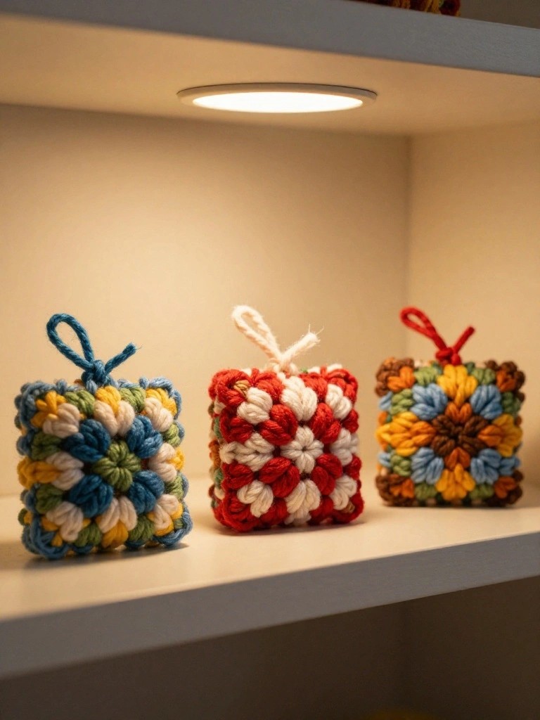Three colorful crocheted squares with yarn loops on a white shelf.