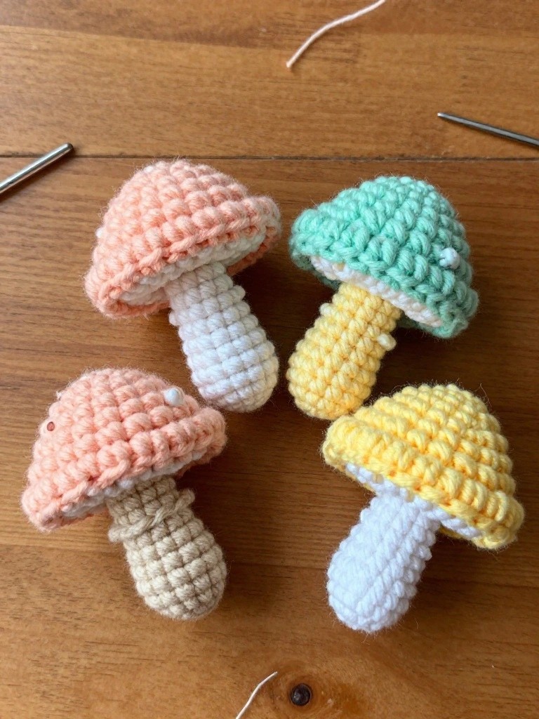 Four pastel crocheted mushrooms with white stems on wooden table.