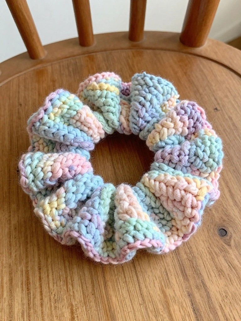 Pastel rainbow crocheted scrunchie on a wooden chair.