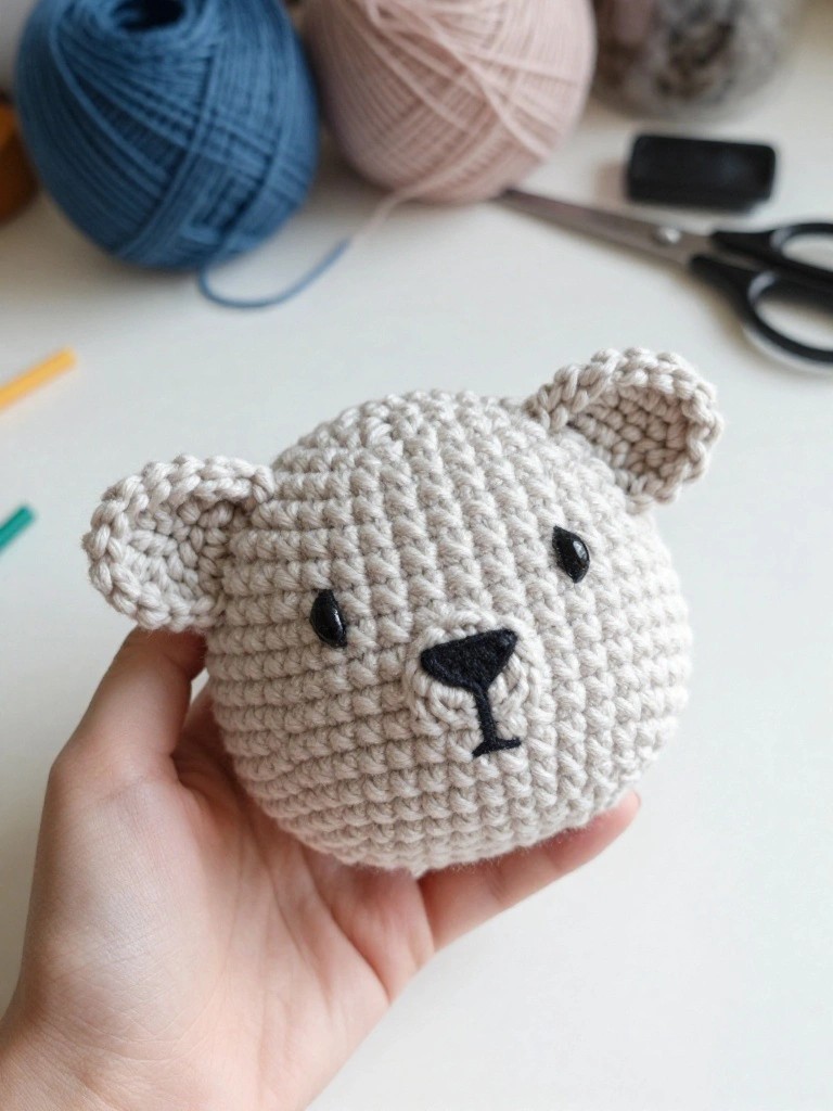 A hand holds a small beige crocheted bear head with black eyes and snout.