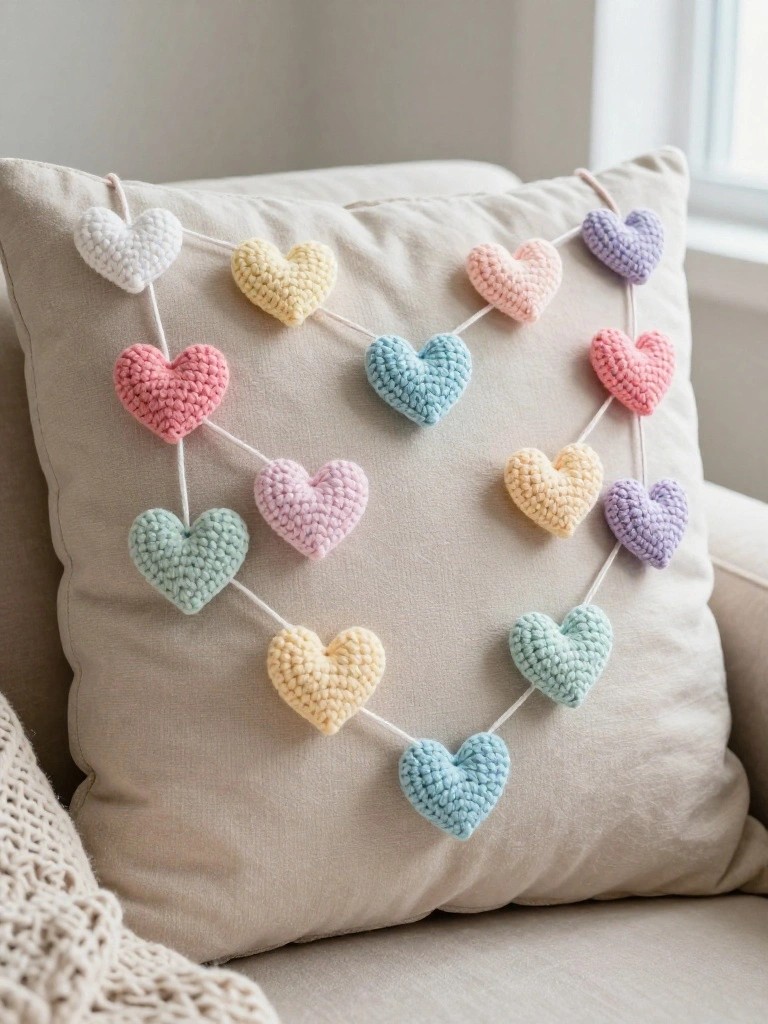 Pastel crocheted heart garland draped across a beige pillow.