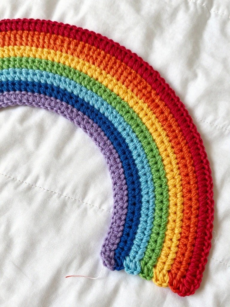 Crocheted rainbow arc with red-to-purple stripes on white fabric.