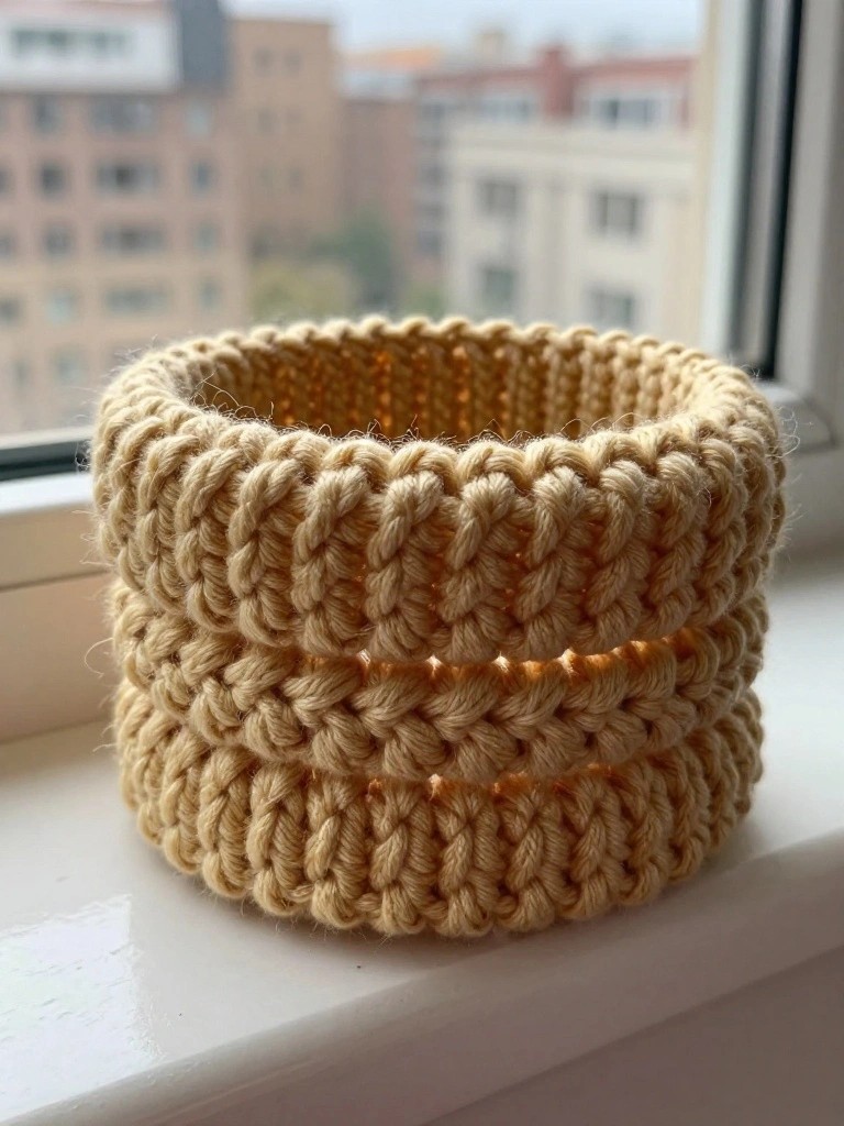 Knitted beige basket on a white windowsill with city buildings behind.
