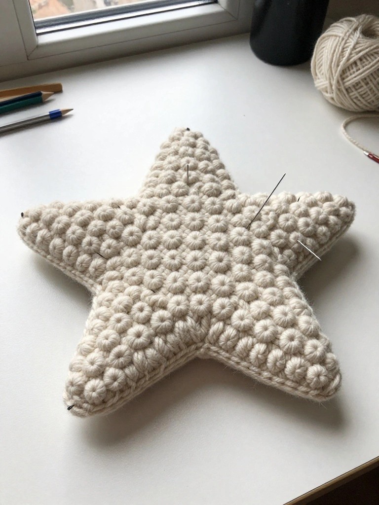 Crocheted cream star pillow with pins on white table.