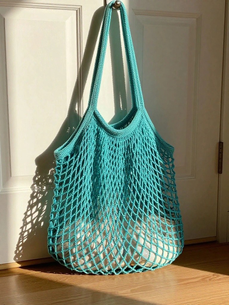 A turquoise crocheted mesh bag with long handles hangs from a door knob.