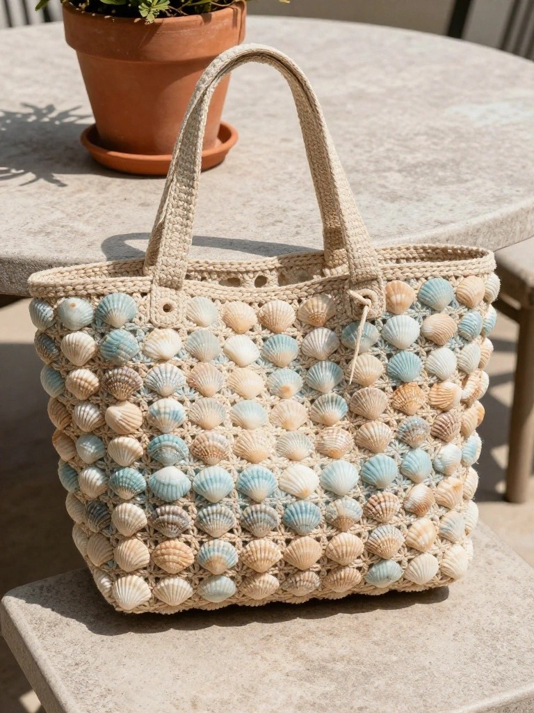 A beige crocheted tote bag covered in rows of small pastel seashells rests on a stone surface next to a potted plant.