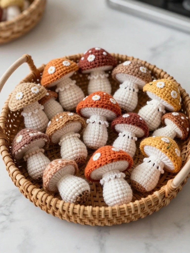 A woven basket holds multiple small crocheted mushrooms in orange, brown, and yellow tones with white stems and some daisy accents on the caps.
