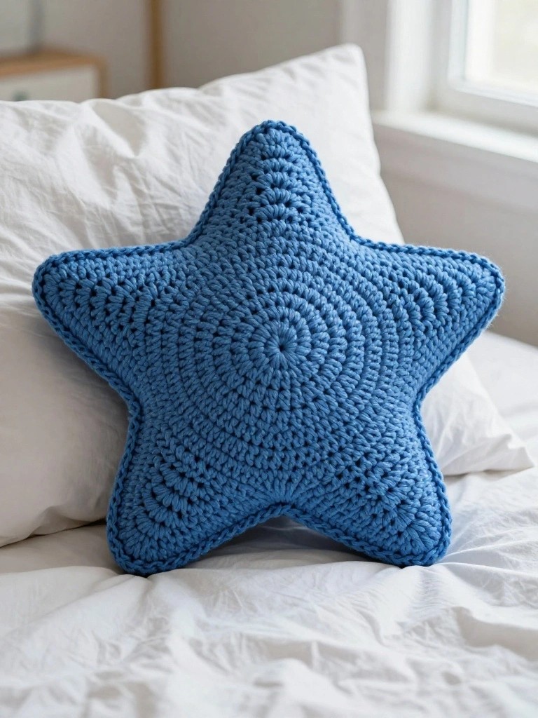 A blue crocheted star-shaped pillow on white bedding.
