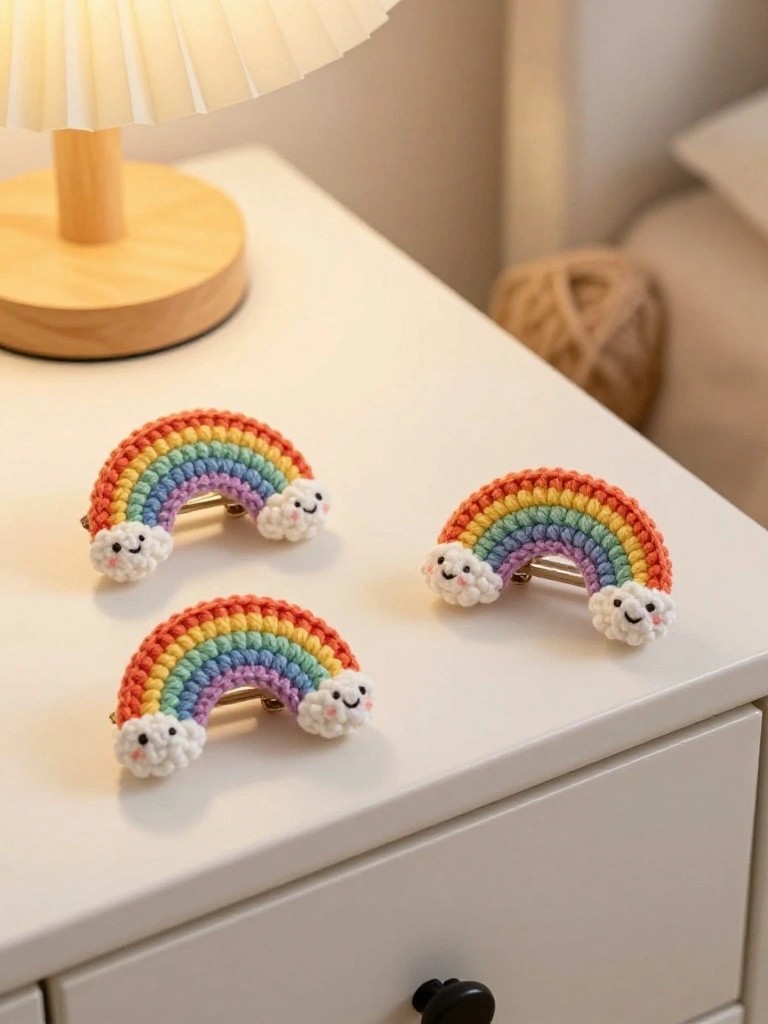 Three crocheted rainbow hair clips with smiling clouds on white table.