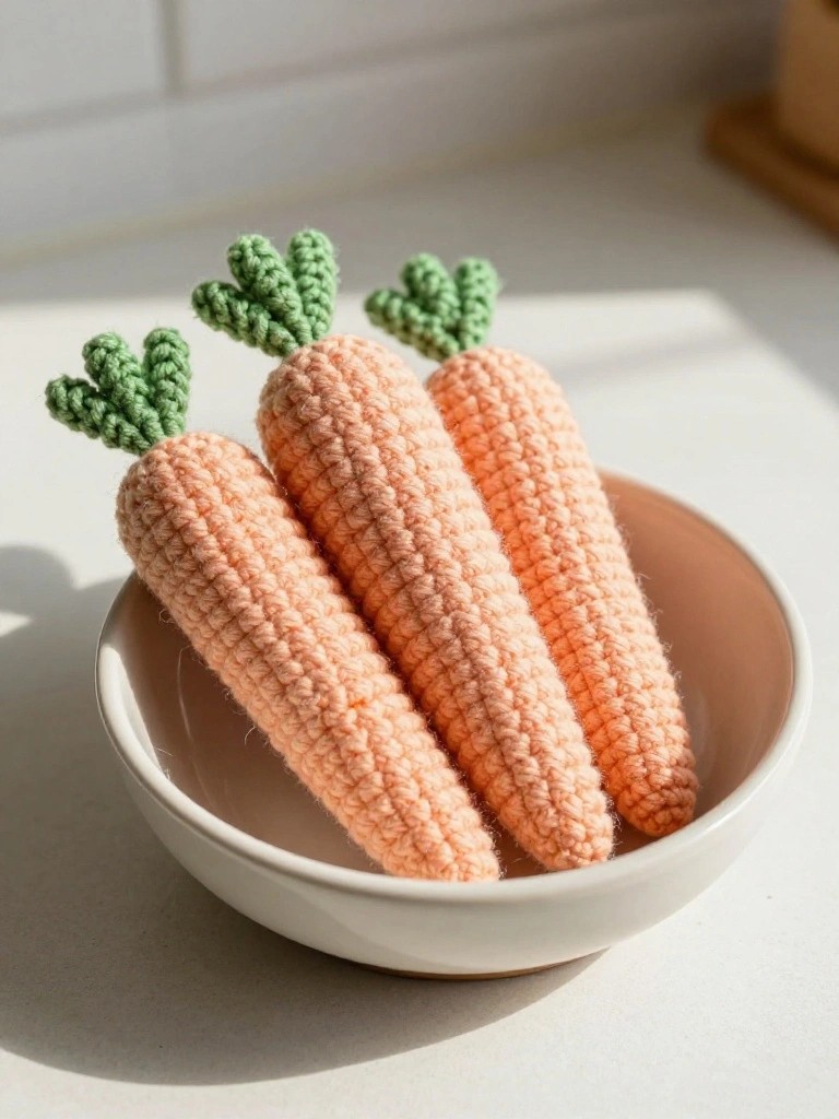 Three crocheted orange carrots with green tops in a white bowl.