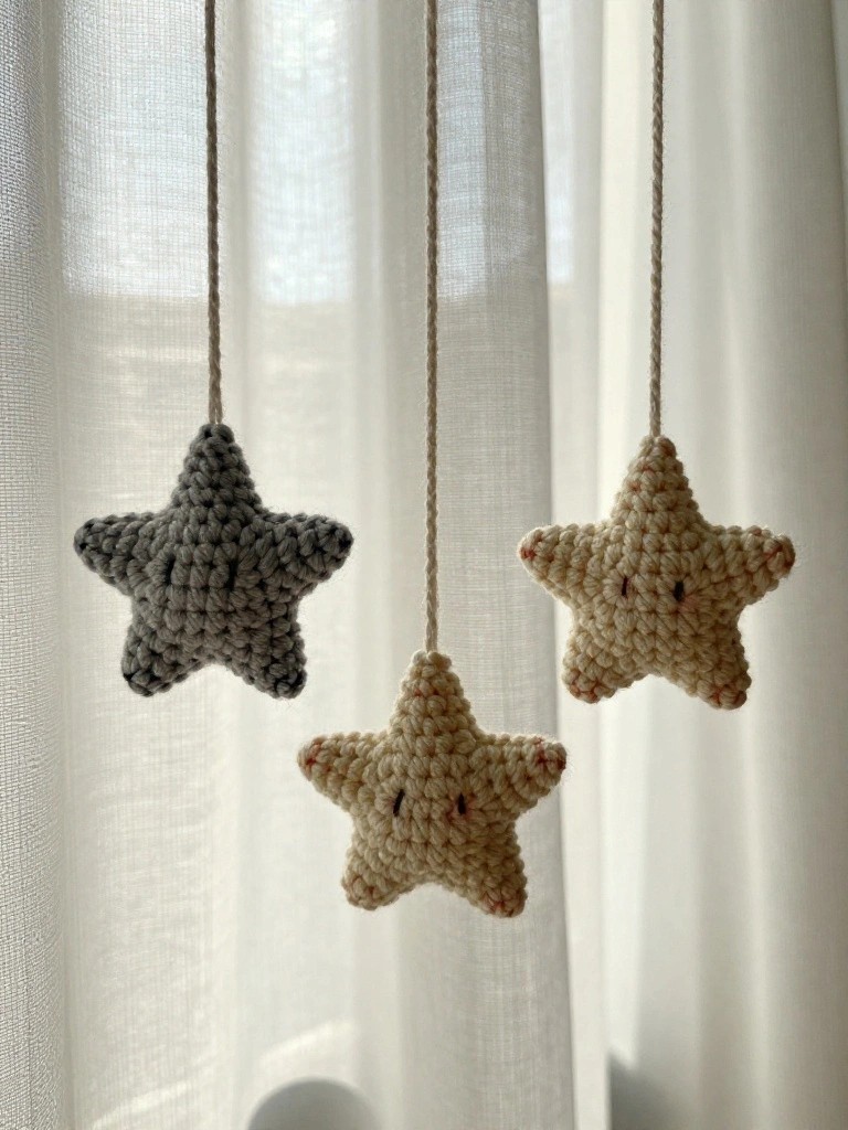 Three crocheted stars in gray and beige hang from strings.