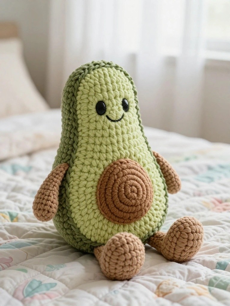 Crocheted green avocado plush toy with smiling face on quilted bed.