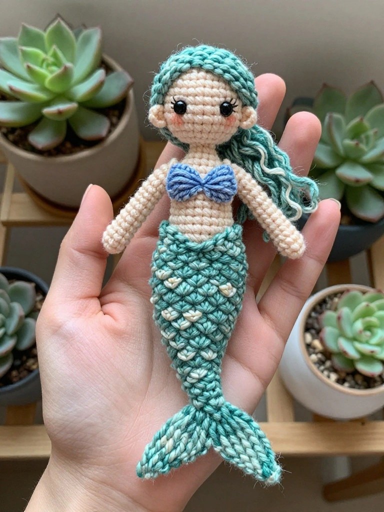 Crocheted mermaid doll with teal tail and wavy hair held in hand.