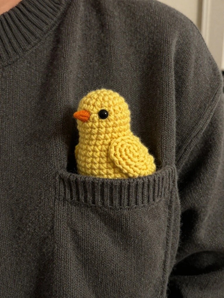 A small yellow crocheted chick peeking out of the pocket on a gray sweater.