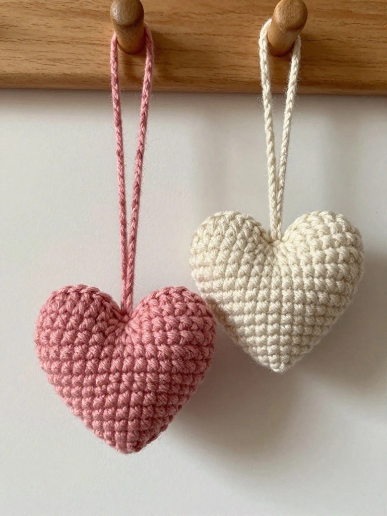 Two crocheted hearts, pink and white, hanging on wooden pegs.