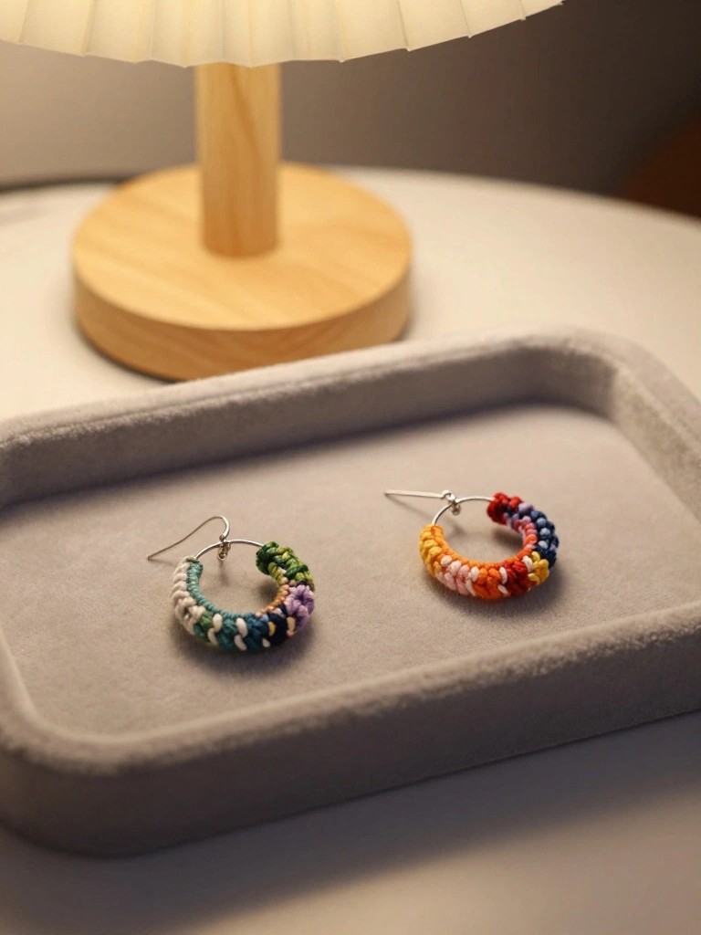 Colorful crocheted hoop earrings on a gray tray beside a lamp.