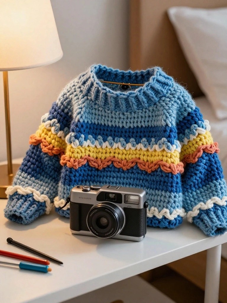 Knitted blue sweater with colorful stripes and vintage camera on table.