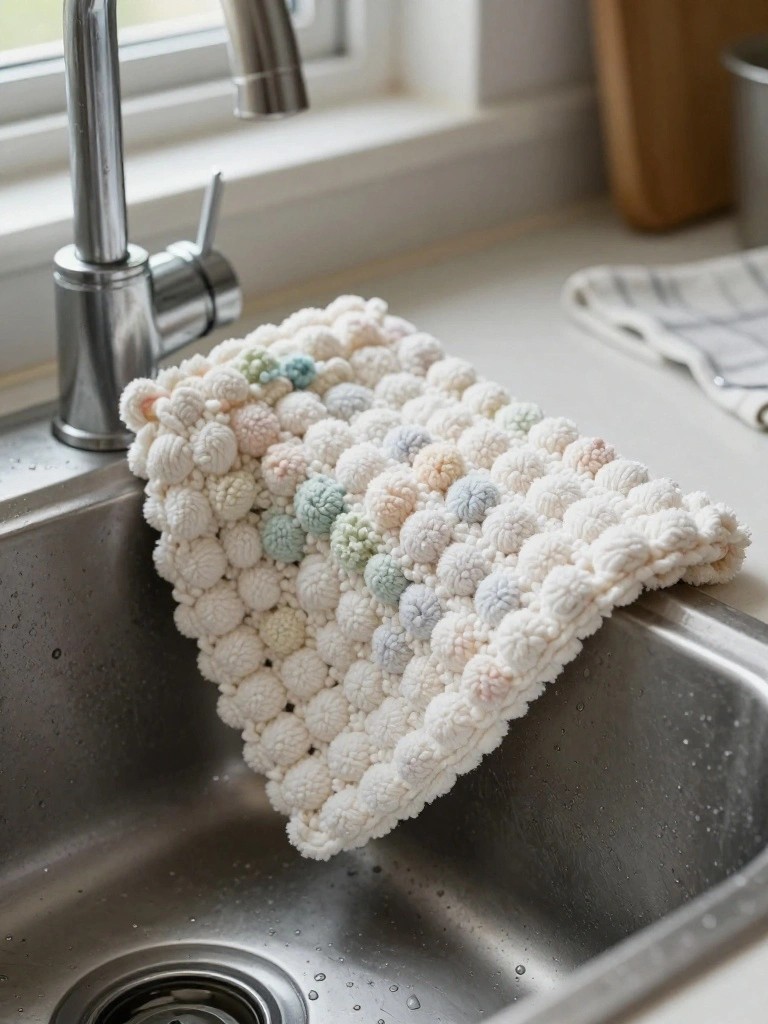 Pastel pom-pom dishcloth draped over a stainless steel kitchen sink.