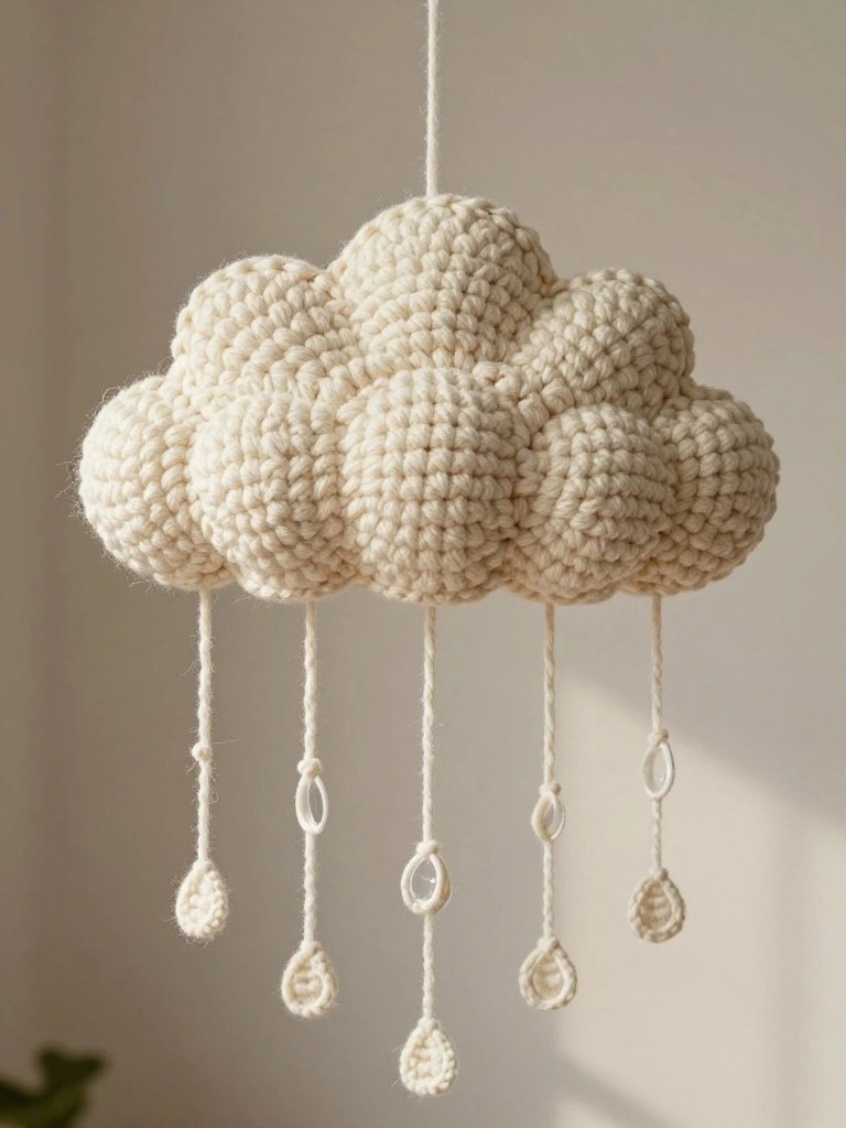Crocheted cream cloud mobile with dangling raindrop loops.