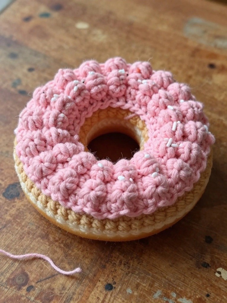 Crocheted pink frosting and sprinkles cover a doughnut on wood.