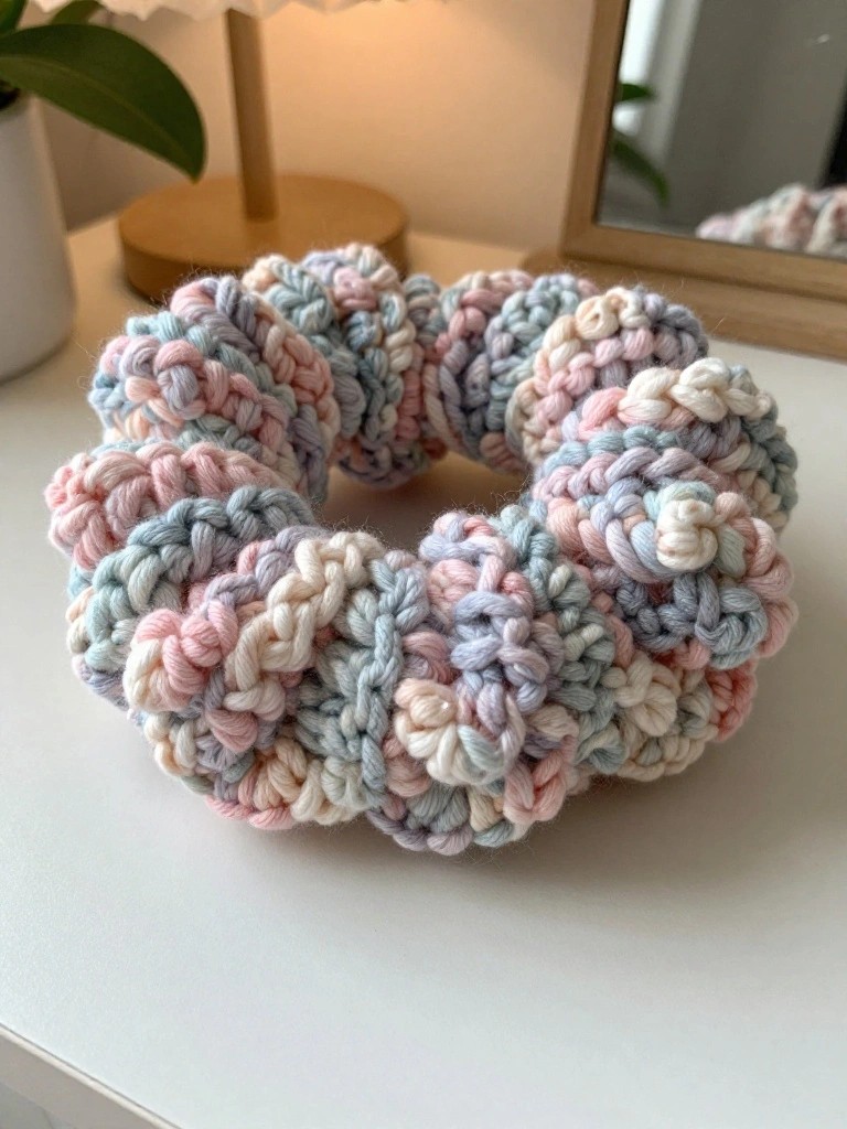 Pastel crocheted scrunchie with pink, blue, and white yarn.