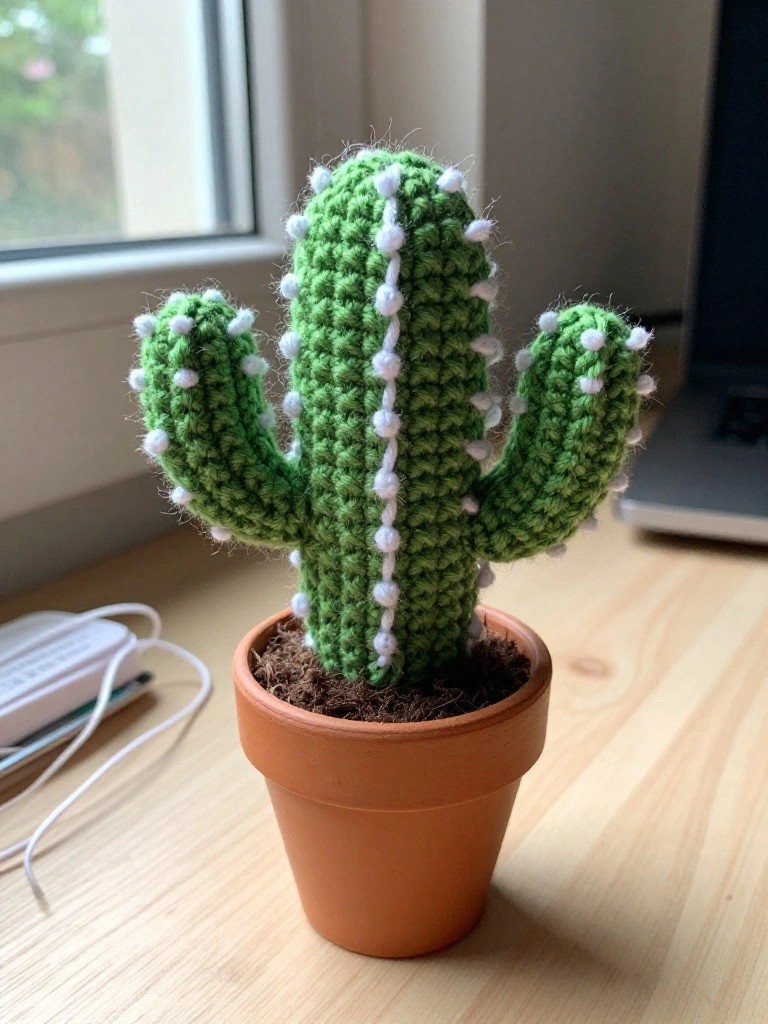 Crocheted green cactus with white spikes in a terracotta pot on a desk.