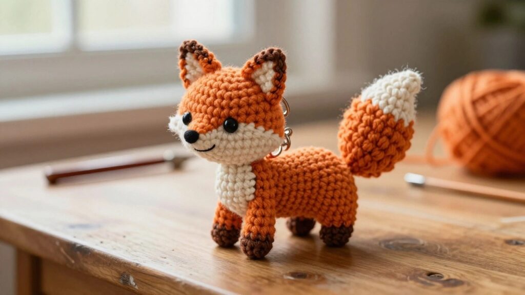 22 Fast And Easy Crochet Projects for Beginners You Can Finish Today A small crocheted fox toy in orange, white, and brown sits on a wooden table with yarn balls and a crochet hook nearby.