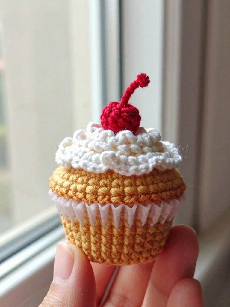 Crocheted yellow cupcake with white icing and red cherry.