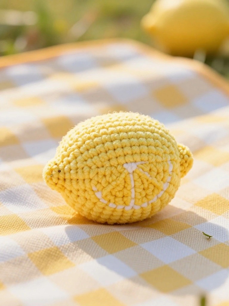 Crocheted yellow lemon with white smile on checkered cloth.
