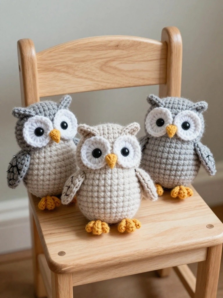 Three crocheted owls perched on a small wooden chair.