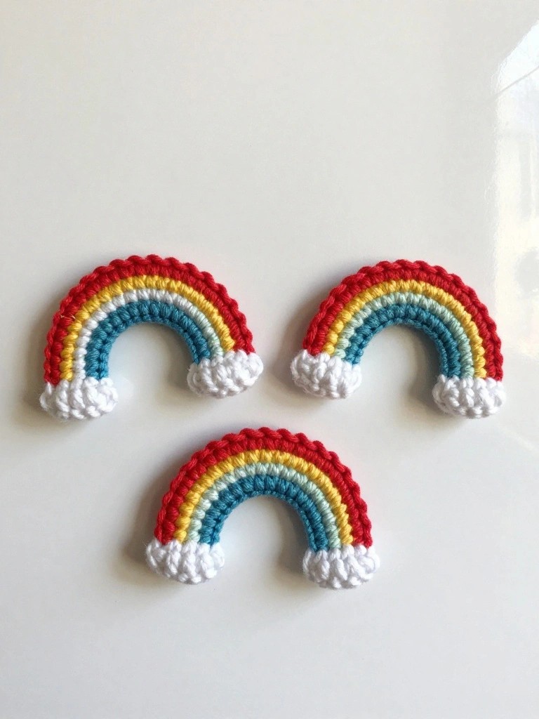 Three crocheted rainbow brooches with red, yellow, teal, and white clouds.