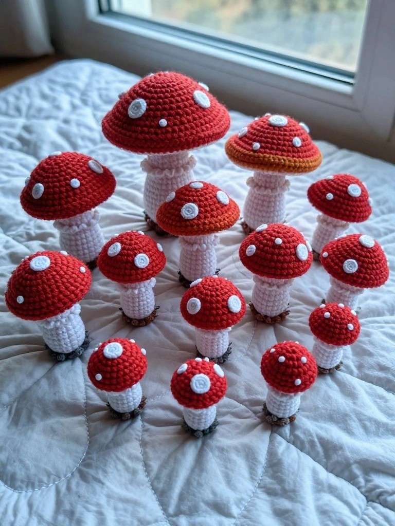 A group of crocheted red-capped mushrooms with white spots and stems arranged on a white quilted surface.