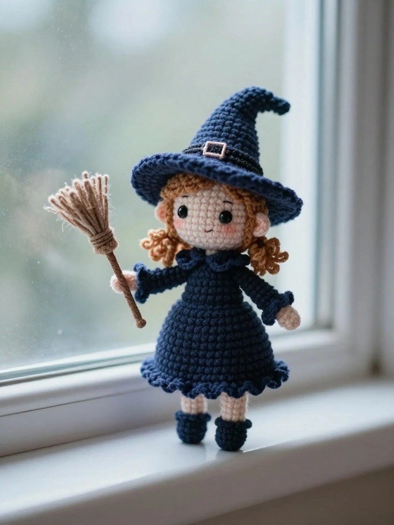 Crocheted witch doll with broom on windowsill.