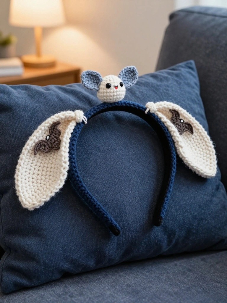 Crocheted bat-themed headband with ears and mouse on blue pillow.