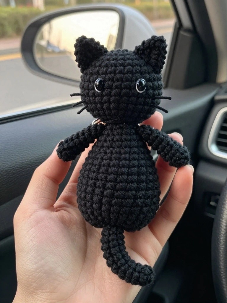 Hand holding black crocheted cat keychain inside a car.