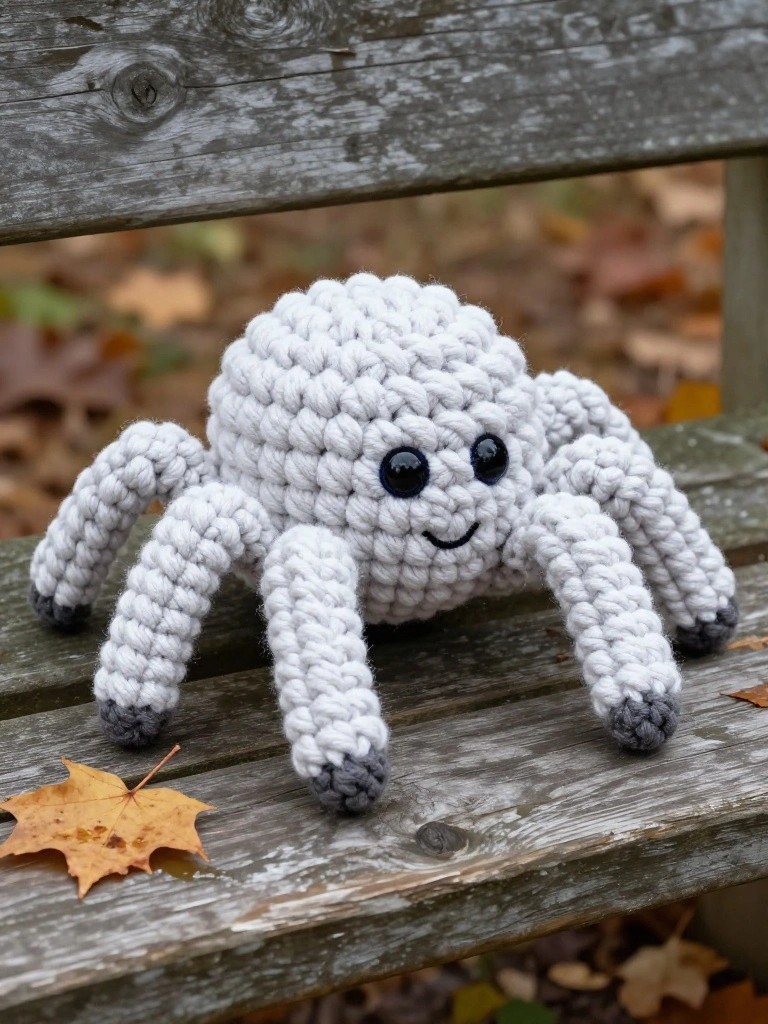 Crocheted white spider toy with black eyes on wooden bench beside leaf.