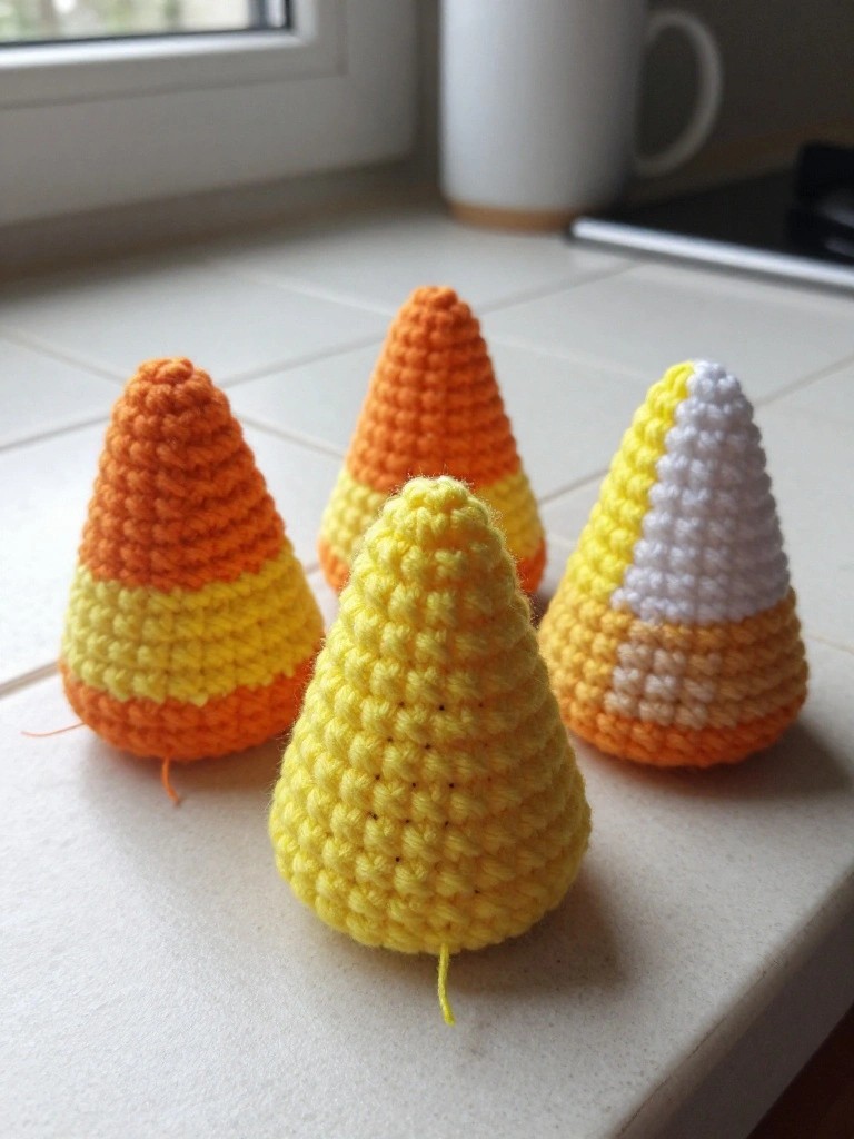 Four crocheted candy corn decorations on a white kitchen counter.