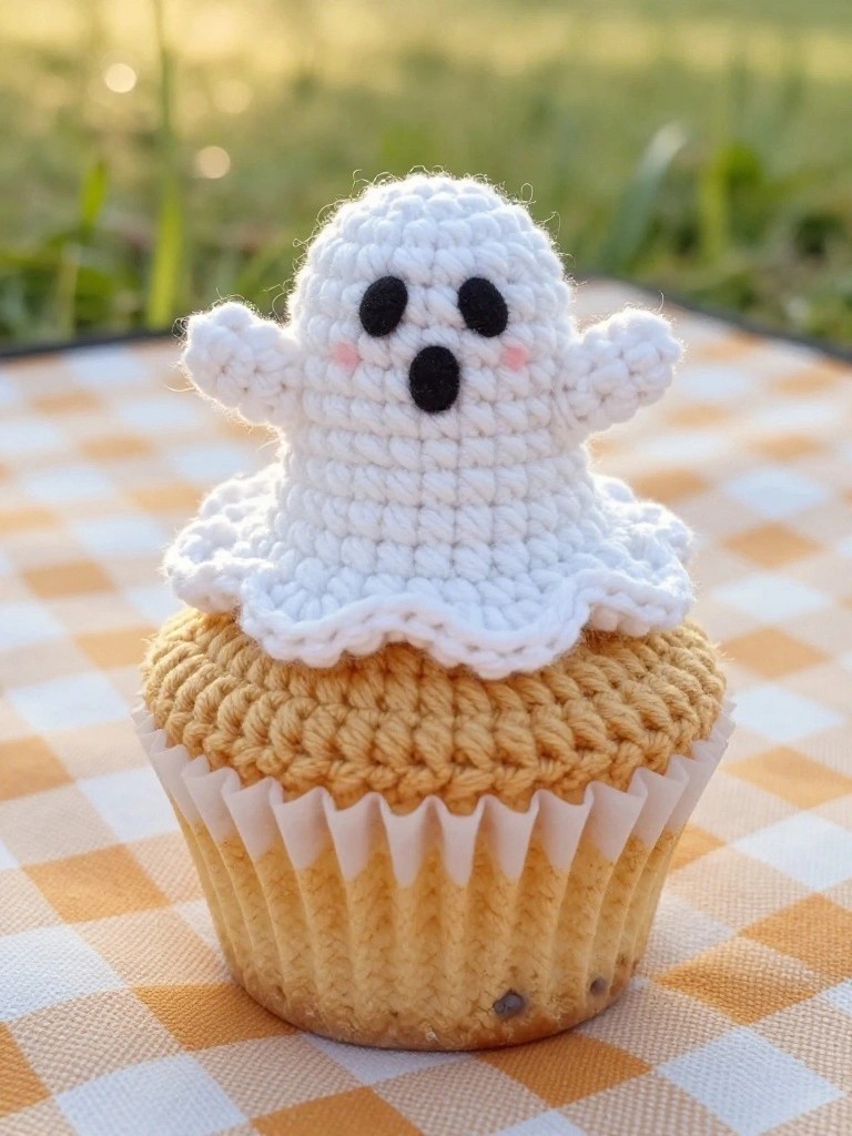 Crocheted white ghost cupcake topper on golden-brown muffin atop checkered cloth.