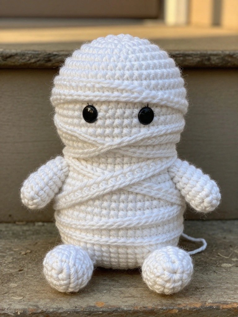 Crocheted white mummy doll with black eyes on wooden surface.