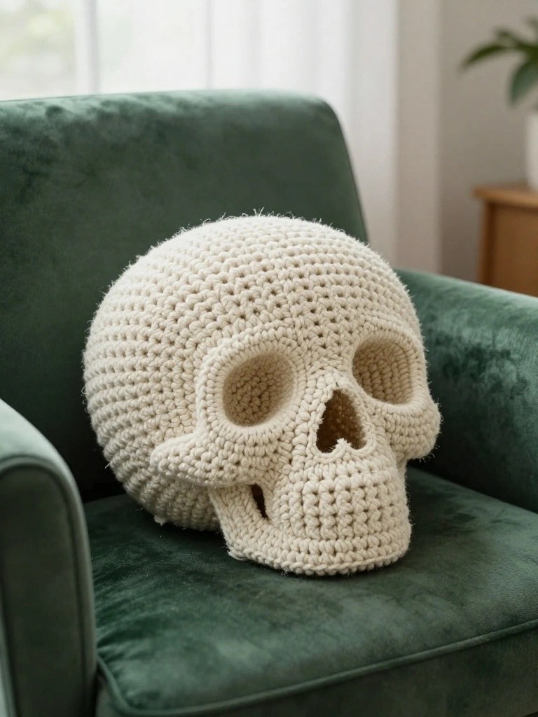 Crocheted off-white skull pillow on green velvet armchair.