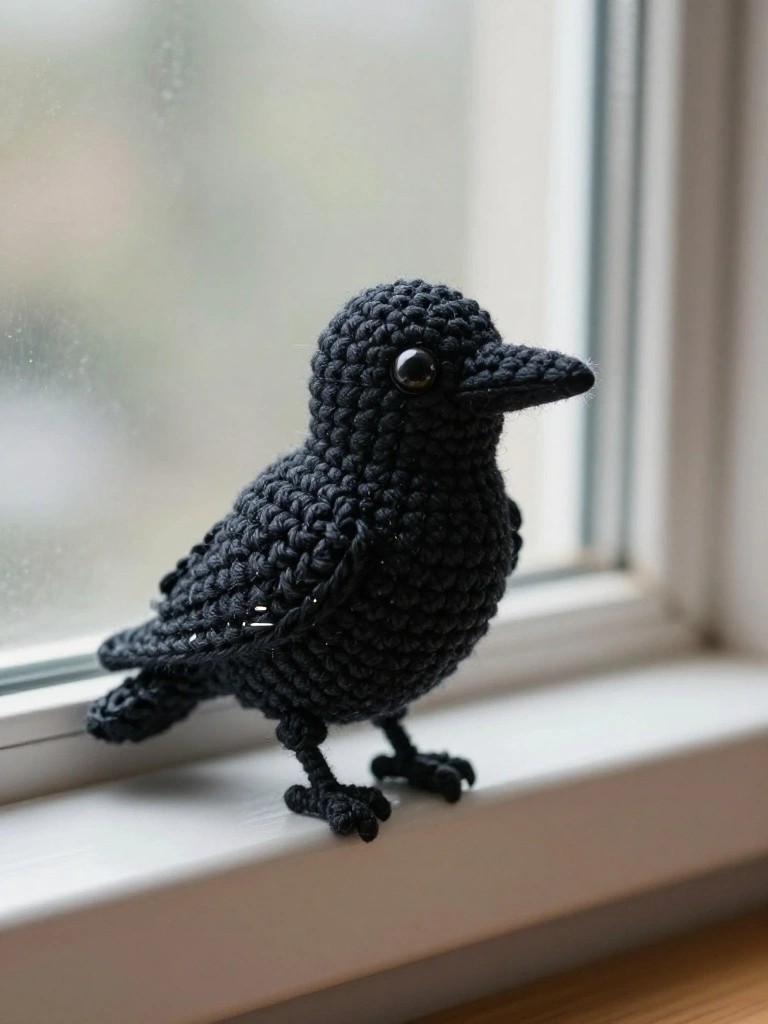 Black crocheted bird perched on a white windowsill.